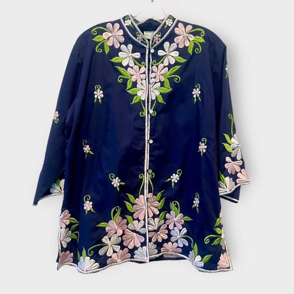 Vintage Caro of Honolulu Embroidered Floral Tunic Blouse Sz XL